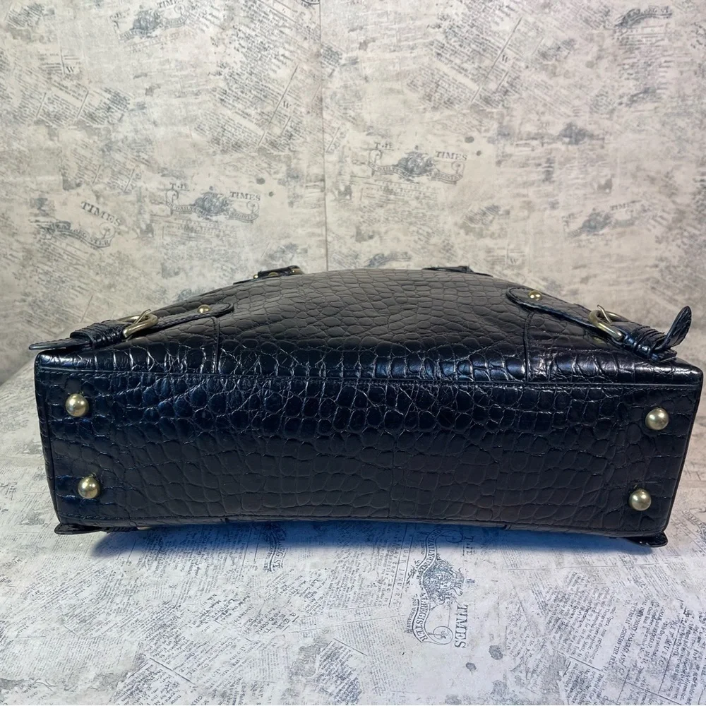 Banana Republic Black Croc Embossed Leather Satchel Work Tote Gold Hardware